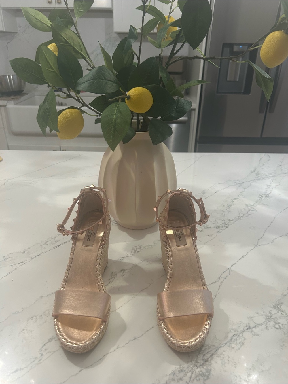 Valentino Garavani 
Rockstar Studded Espadrille Wedges in Rose Gold